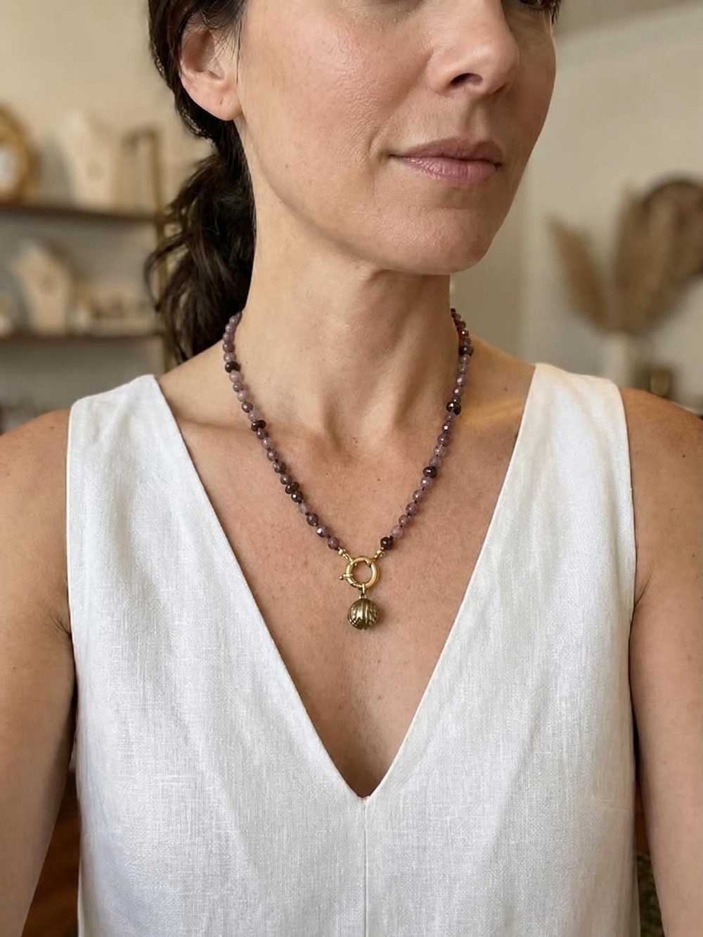 Faceted Tourmaline Crystal & Tiger Beaded Necklace